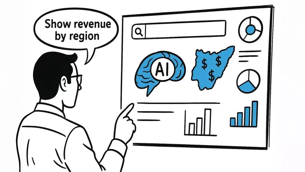 A black and white hand-drawn digital illustration of a business user querying an AI-powered data warehouse using natural language. The user is shown typing or speaking to an AI assistant, surrounded by data charts, graphs, and icons representing cloud storage, automation, and real-time analytics. The image emphasizes intuitive interaction with data through conversational interfaces and advanced machine learning.