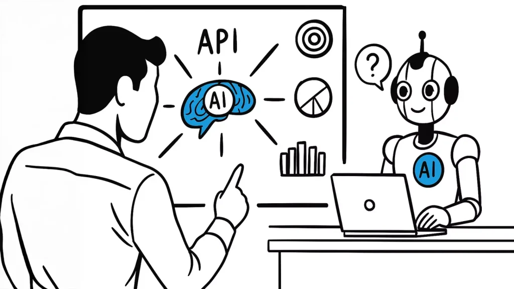 Hand-drawn black and white digital illustration of a business executive interacting with an AI-powered data warehouse dashboard and chatbot. The executive is engaging with a screen displaying graphs, data icons, and a friendly AI assistant, reflecting smart data-driven decision-making.
