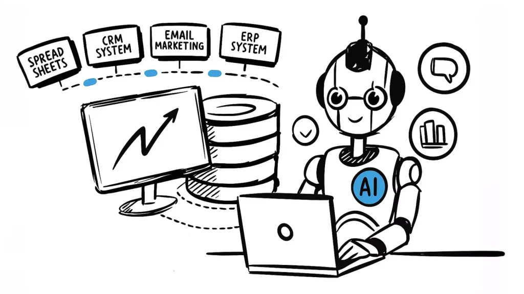 Hand-drawn black and white digital illustration showing the transformation of business intelligence using an AI-powered data warehouse. The scene features interconnected systems—spreadsheets, CRM, ERP, and analytics—streamlining into a centralized dashboard. A friendly AI robot oversees the process, representing automation and intelligent insights.