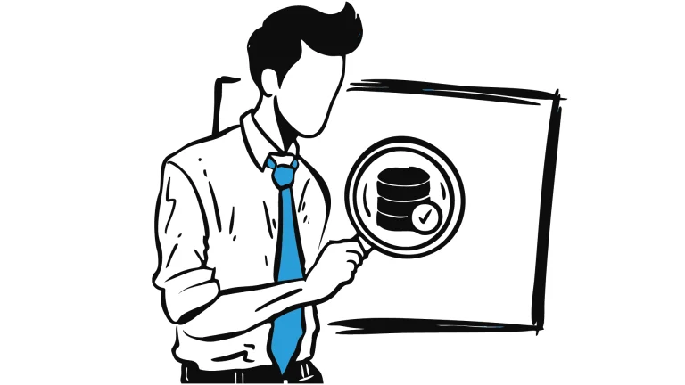Minimalist black-and-white sketch of a professional in a tie pointing to a magnified database icon with a checkmark on a large screen. The image represents data validation, business intelligence, and secure analytics, with a focus on accuracy and trustworthy data systems.