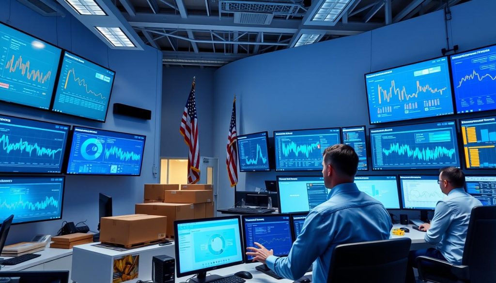 AI-powered logistics control center showing supply chain optimization dashboard