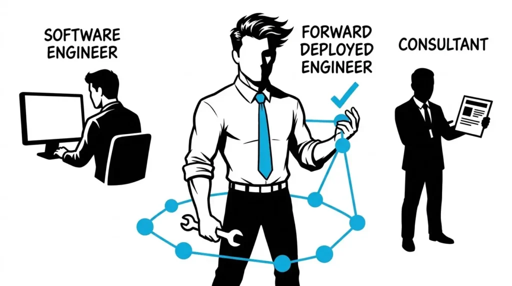 Three figures side by side, a distant software engineer at a screen, a distant consultant with a report, and the Man in the Blue Tie embedded in the middle building inside the client's operation, illustrating that the forward deployed engineer both builds and owns the outcome on site. forward deployed engineer.