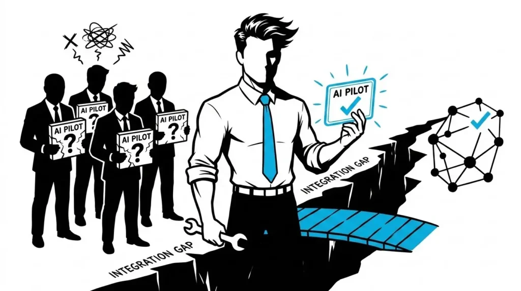 A row of faceless figures holding stalled AI projects marked with black question marks while the Man in the Blue Tie carries one project across the gap to a live checkmark, illustrating that most enterprise AI pilots fail on integration while an embedded engineer ships. Forward Deployed Engineer.