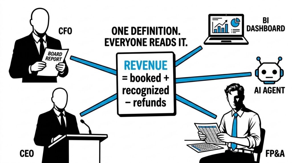 A central definition card reading REVENUE with five spokes branching out to a CFO, a BI dashboard, an AI agent, the FreshBI businessman in a blue tie, and a CEO, illustrating one definition serving every consumer