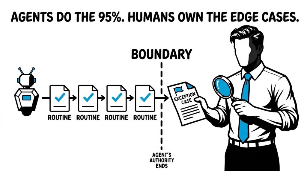 An AI agent processes routine workflow steps on the left, then hits a clearly marked boundary line where the FreshBI businessman in a blue tie takes over the exception case on the right