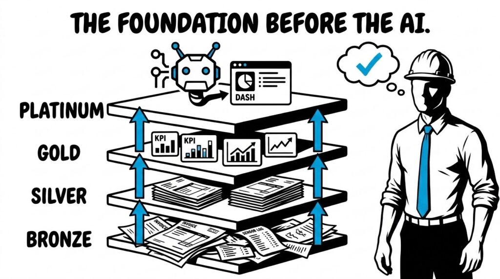 A four-tier stack of Bronze, Silver, Gold, and Platinum data layers feeding an AI agent at the top, with the FreshBI businessman in a blue tie wearing a hard hat reading the top-layer dashboard with confidence