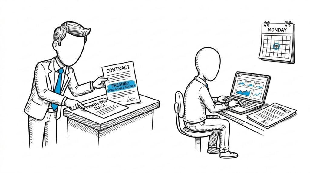 A faceless CFO reviewing AI-generated financial reports during month-end close, with a FreshBI consultant pointing at a contract line showing the accountable partner name and a calendar showing the first Monday of the month circled