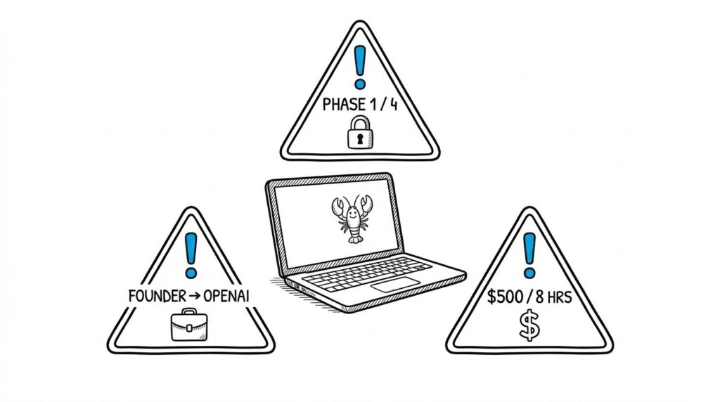 A corporate laptop with the OpenClaw lobster icon on the screen, surrounded by three warning triangles labeled with security risk, founder departure, and runaway cost icons, illustrating the three enterprise concerns to evaluate before deploying OpenClaw