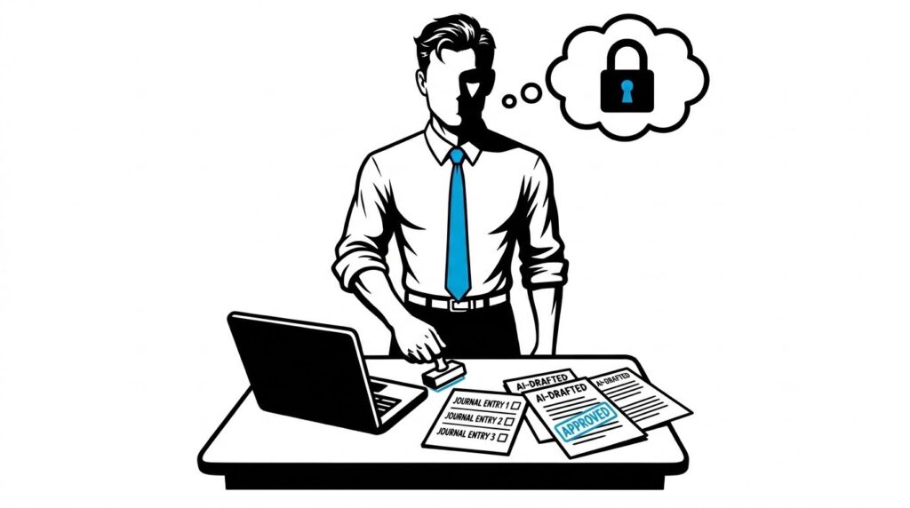 The FreshBI businessman in a blue tie holding a rubber stamp above a laptop showing three AI-drafted journal entries, with one already stamped APPROVED in cyan-blue