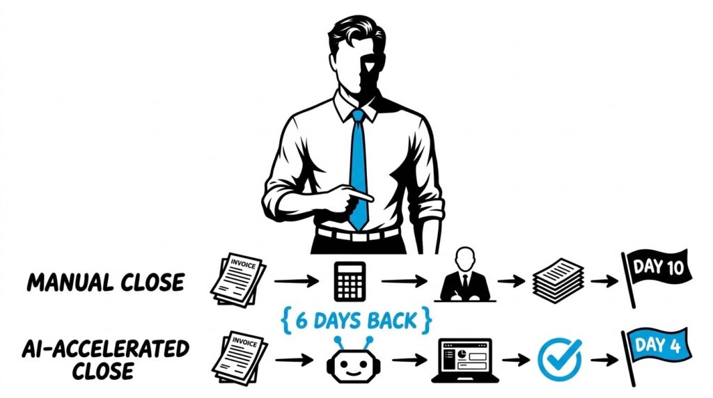 The FreshBI businessman in a blue tie standing above a horizontal flow diagram comparing a 10-day manual close with a 4-day AI-accelerated close, returning six days to the team