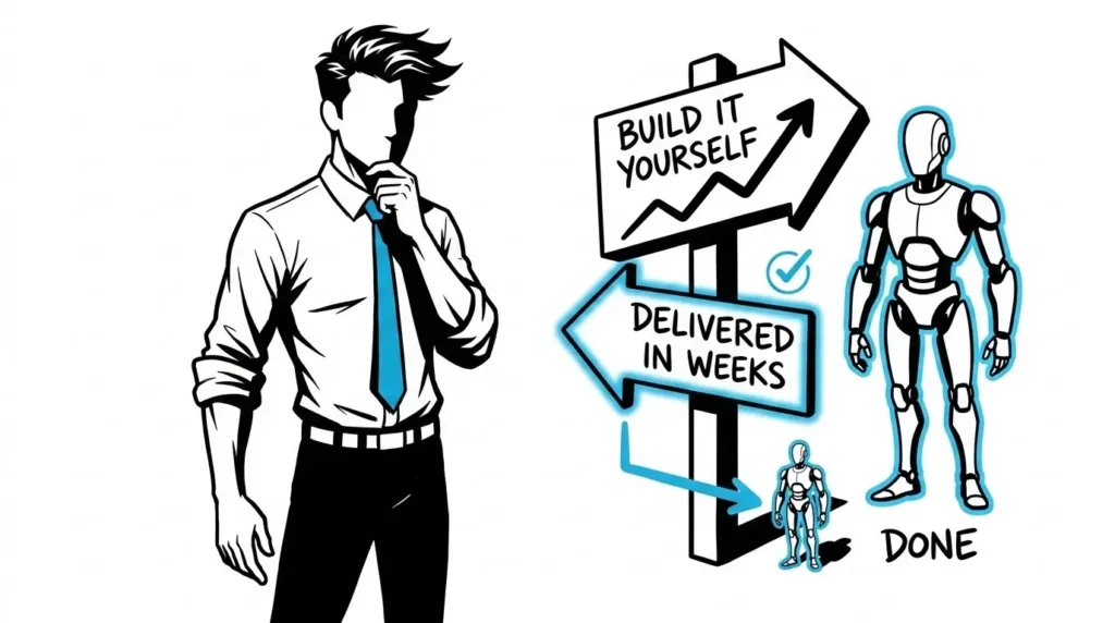 FreshBI vs nvidia nemoclaw. The Man in the Blue Tie at a signpost with two arrows, a long winding build-it-yourself route in black ink and a short direct delivered route glowing in cyan leading to a finished agent